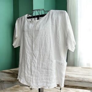 Eileen Fisher Organic Linen Boxy Top White One Pocket Raw Hem Short Sleeve XL